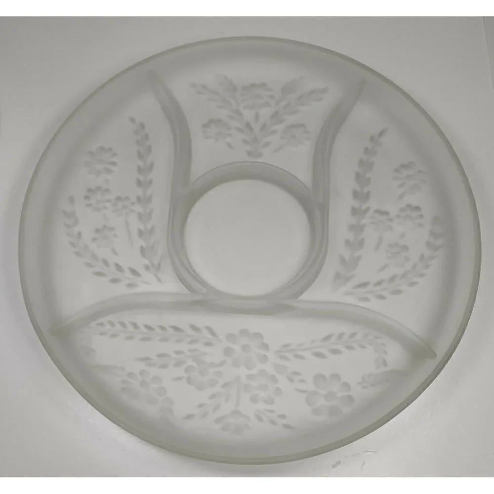 Vintage Large Frosted Glass Carved Flowers & Leaves 4 Slots Tray Serving Platter